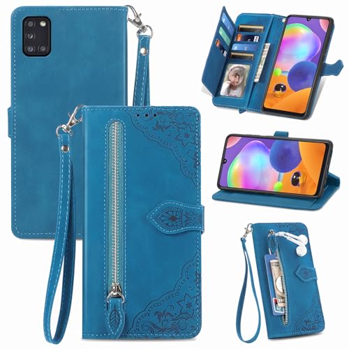 Furiet Kompatibel mit Samsung Galaxy A31 Wallet Case mit Handschlaufe Lanyard und Leder Flip Kartenhalter Ständer Handy Zubehör Handyhülle für A 31 4G 31A A315G Damen Herren Blau von Furiet