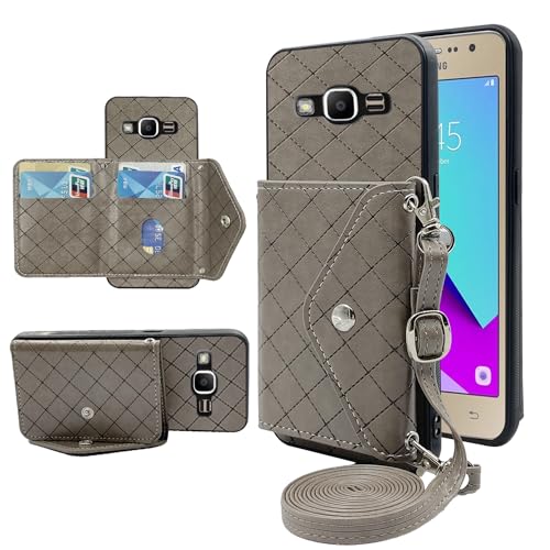 Furiet Kompatibel mit Samsung Galaxy Grand Prime J2 Prime, Brieftaschen-Hülle mit Crossbody-Schultergurt und Ständer, Leder, Kreditkartenhalter, Handy-Zubehör, Handyhülle für 2 2J Plus Damen, Grau von Furiet