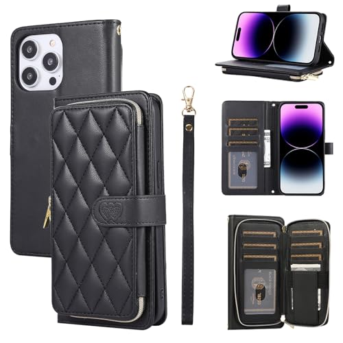 Furiet Kompatibel mit iPhone 15 Pro 6,1 Zoll Wallet Case mit Handschlaufe, Schultergurt, 9+ Kartenfächern, Lederständer, Handyhülle für iPhone15Pro 5G i i-Phone i15 iPhone15 15Pro Frauen Schwarz von Furiet