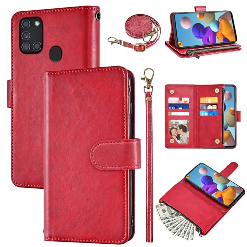 Furiet Schutzhülle für Samsung Galaxy A21S mit abnehmbarer Handschlaufe und Schultergurt, PU-Leder, Klappetui, stilvoll, 6 Kartenfächer, Ständer, Geldfach, Handyhülle, für A 21S, Damen und Herren, Rot Furiet Schutzhülle für Samsung Galaxy A21S mit abnehmbarer Handschlaufe und Schultergurt, PU-Leder, Klappetui, stilvoll, 6 Kartenfächer, Ständer, Geldfach, Handyhülle, für A 21S, Damen und Herren, Rot von Furiet