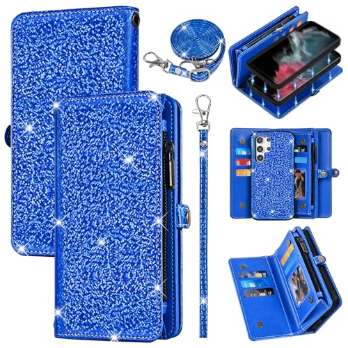 Furiet Schutzhülle für Samsung Galaxy S23 Ultra 5G, mit abnehmbarer magnetischer Handyhülle, Reißverschluss, Handschlaufe, Schultergurt, Glitzer, Kartenhalter, Ständer, für S23Ultra 23S S 23 23Ultra von Furiet
