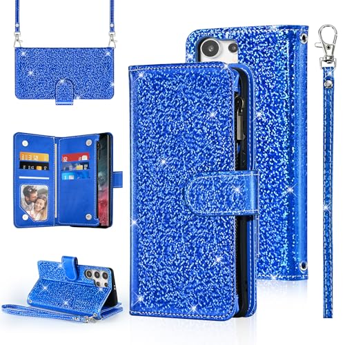 Furiet Schutzhülle für Samsung Galaxy S24 Ultra 5G, mit Handschlaufe, Schultergurt, Reißverschluss, Flip-Geldbörse, glitzernder Glitzer, Kreditkartenfach, Ständer, Handyhülle für S24Ultra 24S S 24 von Furiet