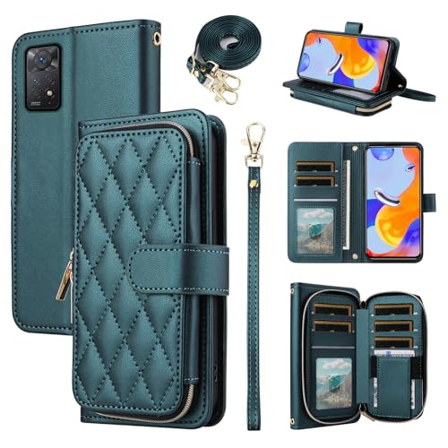 Furiet Schutzhülle für Xiaomi Redmi Note 11S/11 4G mit Handschlaufe, Schultergurt aus luxuriösem PU-Leder, Standfunktion, Handyhülle mit 9 Kartenfächern für Redme Note11 S Note11S, Damen, Grün von Furiet