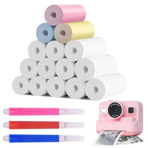 Furuising 15 Rollen Thermopapier Kinderkamera Weiß und Bunt, 57mm x 25mm Thermopapier für Kinder Sofortbildkameras, Thermodrucker Papier mit 3 Farbstiften für diy Instant Digital Camera von Furuising