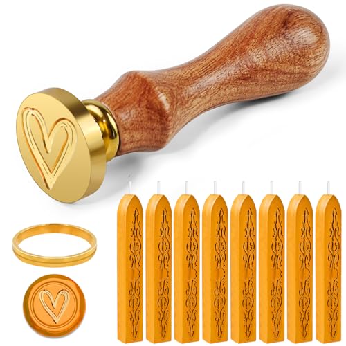 Furuising 8 Stück Siegelwachs Gold, Retro Siegelwachs Set, Siegellack mit Dochten, Wachssiegel Stempel Set mit 1 Herz Siegelstempel, 1 Formen für Hochzeit Einladungen, Karten, Umschläge, Geschenk von Furuising