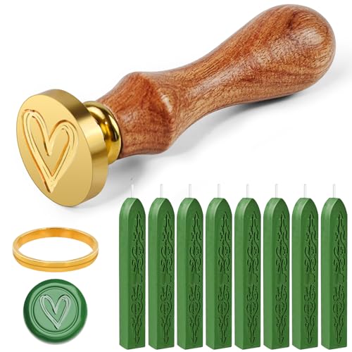 Furuising 8 Stück Siegelwachs Grün, Retro Siegelwachs Set, Siegellack mit Dochten, Wachssiegel Stempel Set mit 1 Herz Siegelstempel, 1 Formen für Hochzeit Einladungen, Karten, Umschläge, Geschenk von Furuising