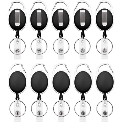 Fushing Schlüsselanhänger Ausziehbar,10 Karabiner ID Card Badge Clips mit Gürtel Clip Spulen mit Badge Holder Clips Halter Clips schwarz von Fushing