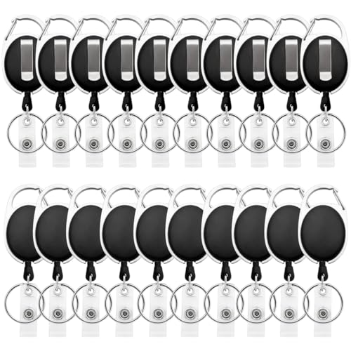 Fushing Schlüsselanhänger Ausziehbar,20 Karabiner ID Card Badge Clips mit Gürtel Clip Spulen mit Badge Holder Clips Halter Clips schwarz von Fushing
