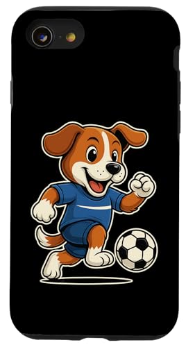 Lustiger Fußballhund im blauen Trikot beim Kicken Nummer 7 Hülle für iPhone SE (2020) / 7 / 8 von Fußballhund spielt aktiv mit Ball auf dem Feld Fun