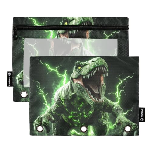 Fustylead 3D-Dinosaurier-Federmäppchen für 3-Ringbinder, Reißverschlusstasche mit transparentem Fenster, Federmäppchen für Zuhause, Büro, Schule, Kinder, Lieferanten, 2 Stück, grün von Fustylead