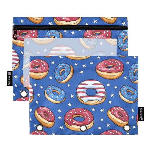 Fustylead 4. Juli USA-Federmäppchen mit verspieltem Donuts, passend für Standard-3-Ring-Ordner, Reißverschluss-Bleistifttasche mit transparentem Fenster für Büro, Schule, Kosmetik, 2 Stück, blau von Fustylead
