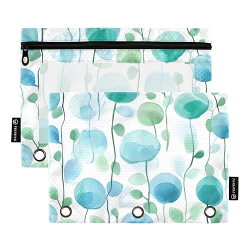 Fustylead Abstrakte Aquarell-Bleistifttasche mit blauen und grünen Mohnblumen, 2 Stück, für 3-Ringbuch, großes Fassungsvermögen, Binder-Bleistifttasche mit transparentem Fenster, für Schule, Büro von Fustylead
