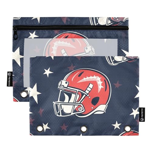 Fustylead American Football Federmäppchen mit Helm und Sternen, für 3-Ringbinder, Reißverschlusstasche mit transparentem Fenster, Federmäppchen für Zuhause, Büro, Schule, Kinder, Lieferanten, 2 Stück von Fustylead