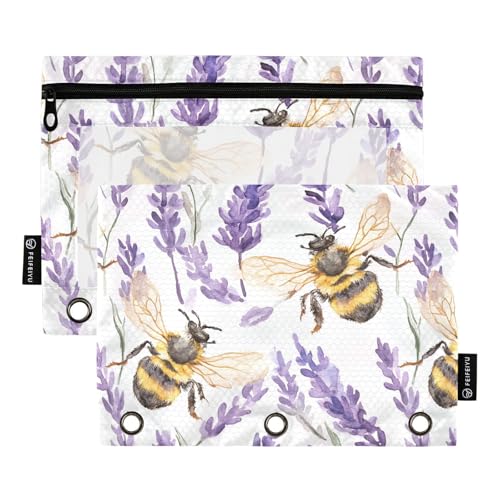 Fustylead Aquarell-Bleistifttasche mit Honigbienen und Lavendel, für 3 Ringe, Federmäppchen mit Reißverschluss, transparentes Fenster, für Schule, Büro, Kosmetik, Studenten, 2 Stück, weiß von Fustylead