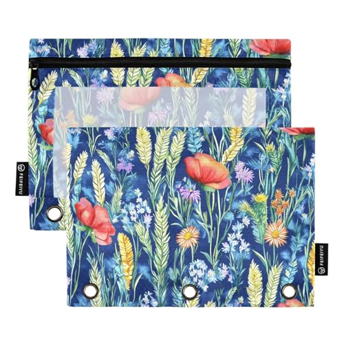Fustylead Aquarell-Bleistifttasche mit Wildblumen und Weizenohren, 2 Stück, für 3-Ringbuch, großes Fassungsvermögen, Binder-Bleistifttasche mit transparentem Fenster, für Schule, Büro, Kosmetik von Fustylead