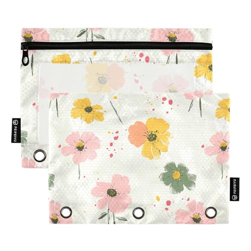 Fustylead Aquarell-Bleistifttasche mit rosa Gänseblümchen auf grünem Hintergrund, 2 Stück, für 3-Ringbuch, großes Fassungsvermögen, Binder-Bleistifttasche mit transparentem Fenster, für Schule, Büro von Fustylead