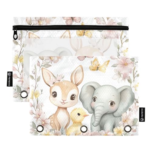 Fustylead Aquarell-Federmäppchen mit Hirsch, Küken, Elefant, passend für Standard-3-Ring-Ordner, Reißverschluss-Bleistifttasche mit transparentem Fenster für Büro, Schule, Kosmetik, 2 Stück, weiß Fustylead Aquarell-Federmäppchen mit Hirsch, Küken, Elefant, passend für Standard-3-Ring-Ordner, Reißverschluss-Bleistifttasche mit transparentem Fenster für Büro, Schule, Kosmetik, 2 Stück, weiß von Fustylead