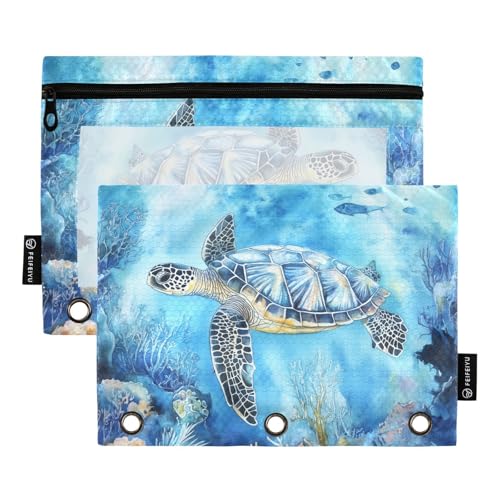 Fustylead Aquarell-Federmäppchen mit Meeresschildkröte, schwimmend im Ozean, für 3-Ringbinder, Reißverschlusstasche mit transparentem Fenster, Federmäppchen für Zuhause, Büro, Schule, Kinder von Fustylead