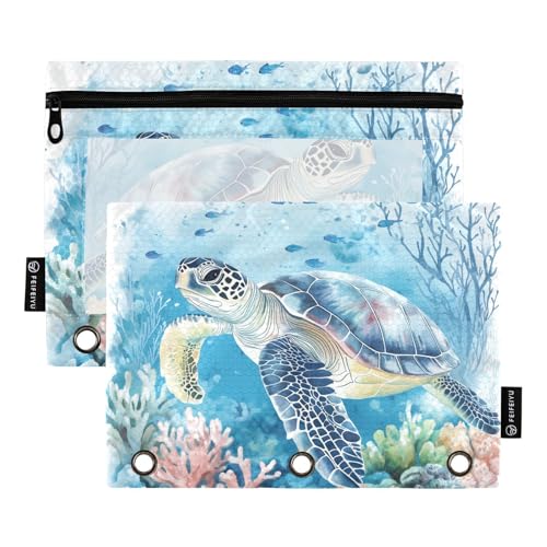 Fustylead Aquarell-Federmäppchen mit Meeresschildkröte und Korallenfisch, großes Fassungsvermögen, passend für 3-Ringbücher, wasserdichtes Federmäppchen mit transparentem Fenster, für Schule, Kosmetik von Fustylead
