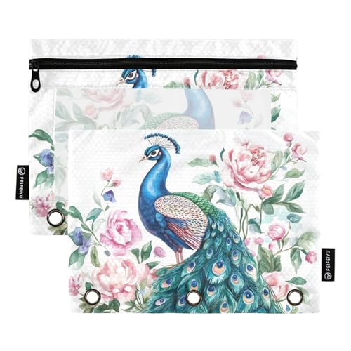 Fustylead Aquarell-Federmäppchen mit Pfau und Blume, passend für Standard-3-Ring-Ordner, Reißverschluss-Bleistifttasche mit transparentem Fenster für Büro, Schule, Kosmetik, 2 Stück, weiß Fustylead Aquarell-Federmäppchen mit Pfau und Blume, passend für Standard-3-Ring-Ordner, Reißverschluss-Bleistifttasche mit transparentem Fenster für Büro, Schule, Kosmetik, 2 Stück, weiß von Fustylead