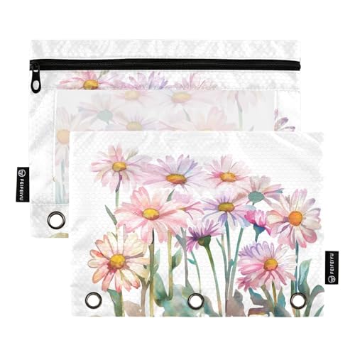 Fustylead Aquarell-Federmäppchen mit schönem Gänseblümchen-Motiv, großes Fassungsvermögen, passend für 3-Ringbücher, wasserdichtes Federmäppchen mit transparentem Fenster für Schule, Kosmetik, Büro von Fustylead
