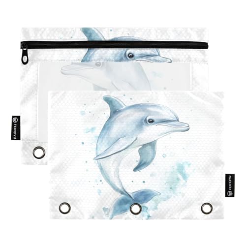 Fustylead Aquarell-Federmäppchen mit süßem Delfin-Design für 3-Ringbinder, Reißverschlusstasche mit transparentem Fenster, Federmäppchen für Zuhause, Büro, Schule, Kinder, Lieferanten, 2 Stück, weiß von Fustylead