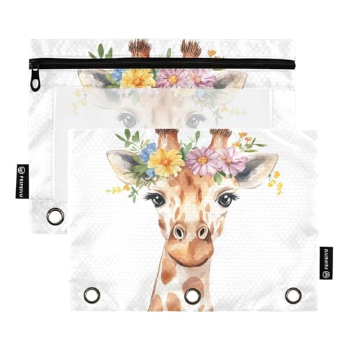 Fustylead Aquarell-Giraffe mit Blumenkranz, Federmäppchen für 3 Ringe, Federmäppchen mit Reißverschluss, transparentes Fenster, für Schule, Büro, Kosmetik, Studenten, 2 Stück, weiß von Fustylead