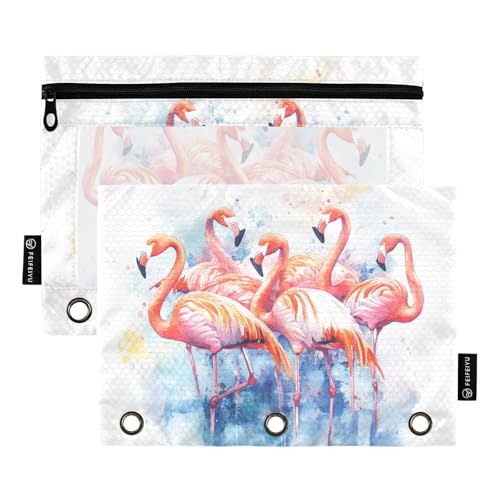 Fustylead Aquarell-Gruppen von Flamingos, Federmäppchen für 3 Ringe, Bleistiftbeutel mit Reißverschluss, transparentes Fenster für Schule, Büro, Kosmetik, Studenten, 2 Stück, weiß von Fustylead