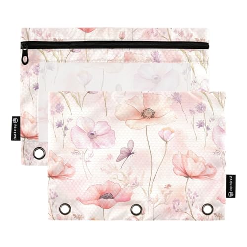 Fustylead Aquarell-Mohnblumen- und Libellen-Bleistifttaschen für 3-Ringbuch, großes Fassungsvermögen, Federmäppchen mit transparentem Fenster, für Schule, Büro, Kosmetik, Kinderbedarf, 2 Stück, rose von Fustylead