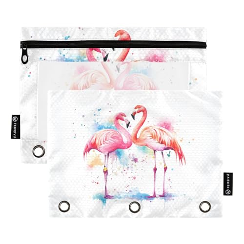 Fustylead Aquarell-Paar Flamingo-Bleistifttasche für 3 Ringe, Bleistiftbeutel mit Reißverschluss, transparentes Fenster für Schule, Büro, Kosmetik, Studenten, Zubehör, 2 Stück, weiß von Fustylead