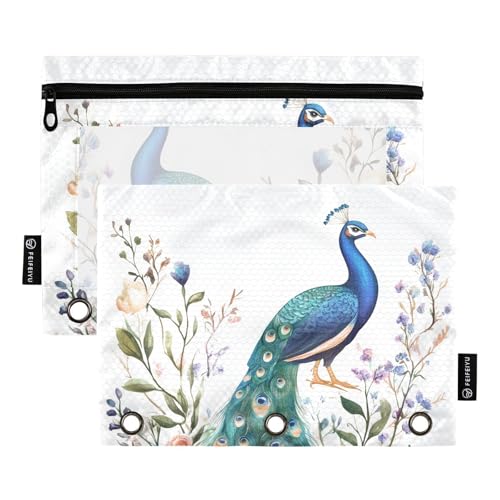 Fustylead Aquarell-Stifttasche mit Pfau und Blume, passend für Standard-3-Ring-Ordner, Reißverschluss-Bleistifttasche mit transparentem Fenster für Büro, Schule, Kosmetik, 2 Stück, weiß von Fustylead