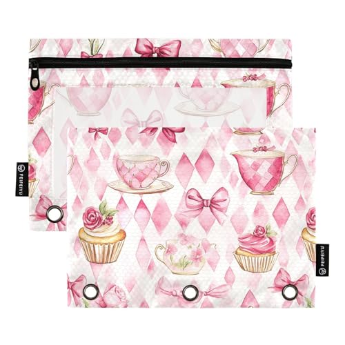 Fustylead Aquarell-Stifttasche mit Teetasse, Blume, Schleife, Kuchen auf rosa kariert, passend für Standard-3-Ring-Ordner, Reißverschluss-Bleistifttasche mit transparentem Fenster, für Büro, Schule von Fustylead