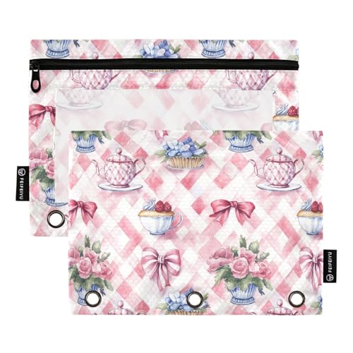 Fustylead Aquarell-Teetasse, Teekanne, Blumenkuchen auf rosa Argyle-Binder-Bleistifttasche für 3 Ringe, Bleistiftbeutel mit Reißverschluss, transparentes Fenster für Schule, Büro, Kosmetik, Studenten von Fustylead