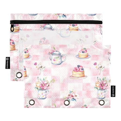 Fustylead Aquarell-Teetasse, Teekanne, Blumenkuchen auf rosa kariertem Binder, Federmäppchen für 3 Ringe, Bleistiftbeutel mit Reißverschluss, transparentes Fenster für Schule, Büro, Kosmetik von Fustylead