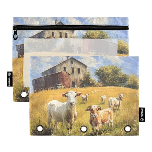 Fustylead Artistic of Farm Federmäppchen für Ölgemälde mit Lamm, passend für Standard-3-Ring-Ordner, Reißverschluss-Bleistifttasche mit transparentem Fenster für Büro, Schule, Kosmetik, 2 Stück, grün von Fustylead