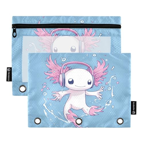 Fustylead Axolotl Federmäppchen mit Kopfhörern, großes Fassungsvermögen, passend für 3-Ringbinder, wasserdichtes Federmäppchen mit transparentem Fenster für Schule, Kosmetik, Büro, Studenten, Zubehör von Fustylead