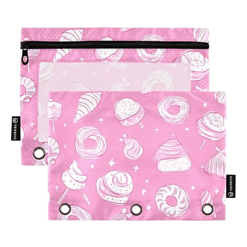 Fustylead Bonbons Donuts auf Rosa, 2 Stück Bleistiftbeutel für 3-Ringbuch, große Kapazität, Binder-Bleistifttasche mit transparentem Fenster für Schule, Büro, Kosmetik, Kinderbedarf, rose von Fustylead