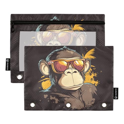 Fustylead Brown Monkey Wear Sonnenbrillen-Federmäppchen mit großem Fassungsvermögen, passend für 3-Ringbinder, wasserdichtes Federmäppchen mit transparentem Fenster für Schule, Kosmetik, Büro von Fustylead