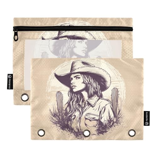 Fustylead Cowgirl und Western Wüstenkaktus Federmäppchen mit großem Fassungsvermögen, passend für 3-Ringbinder, wasserdichtes Federmäppchen mit transparentem Fenster für Schule, Kosmetik, Büro von Fustylead