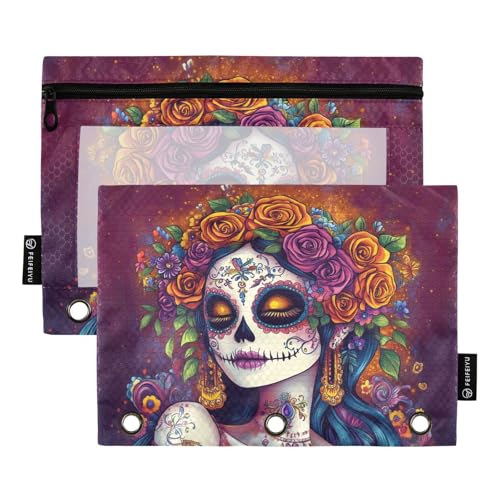 Fustylead Day of the Dead Catrina mit Rosen, Federmäppchen, passend für Standard-3-Ring-Ordner, Reißverschluss-Bleistifttasche mit transparentem Fenster für Büro, Schule, Kosmetik, 2 Stück, violett von Fustylead