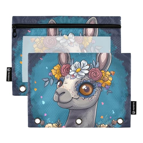 Fustylead Day of the Dead Federmäppchen mit niedlichem Lama- und Blumenmotiv für 3 Ringe, Bleistiftbeutel mit Reißverschluss, transparentes Fenster, für Schule, Büro, Kosmetik, Studenten, 2 Stück von Fustylead