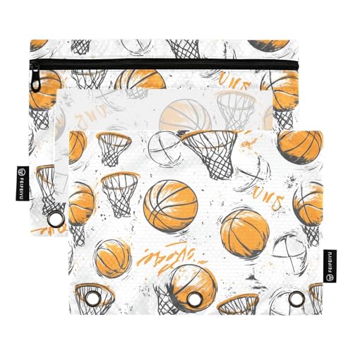 Fustylead Doodle Basketball- und Buchstaben-Federmäppchen für 3-Ringbinder, Reißverschlusstasche mit transparentem Fenster, Federmäppchen für Zuhause, Büro, Schule, Kinder, Lieferanten, 2 Stück, weiß von Fustylead