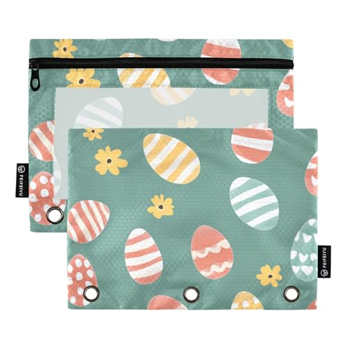 Fustylead Doodle Ostereier und Frühlingsblumen, 2 Stück, Bleistiftbeutel für 3-Ringbuch, große Kapazität, Binder-Bleistifttasche mit transparentem Fenster für Schule, Büro, Kosmetik, Kinderbedarf von Fustylead