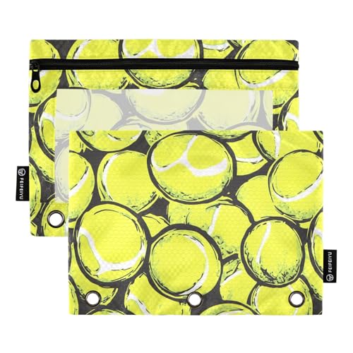 Fustylead Doodle Tennisbälle-Federmäppchen mit transparentem Fenster für 3-Ringbinder, Reißverschluss-Federmäppchen, Kosmetiktasche für Schule, Büro, Kosmetik, Studenten, Zubehör, 2 Stück, gelb von Fustylead