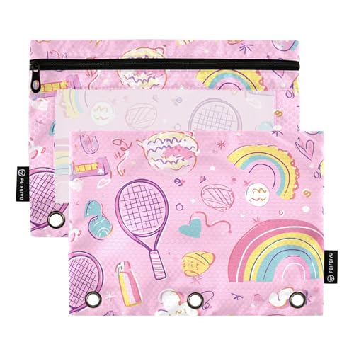 Fustylead Doodle Tennisschläger Regenbögen Blumen auf rosa Binder-Bleistifttasche für 3 Ringe, Bleistifttaschen mit Reißverschluss, transparentes Fenster für Schule, Büro, Kosmetik, Studenten, Zubehör von Fustylead