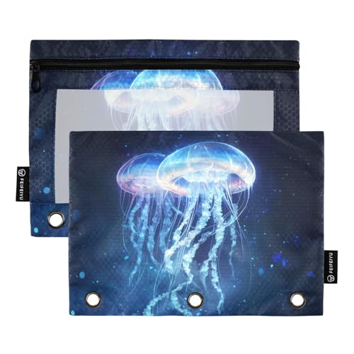 Fustylead Dreamy Federmäppchen mit leuchtendem Quallen-Design mit transparentem Fenster für 3-Ring-Ordner, Reißverschluss-Federmäppchen, Kosmetiktaschen für Schule, Büro, Kosmetik, Studenten, Zubehör von Fustylead