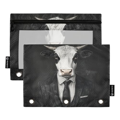 Fustylead Elegantes Federmäppchen mit Kuh im Anzug, für Standard-3-Ring-Ordner, Reißverschluss-Bleistifttasche mit transparentem Fenster, für Büro, Schule, Kosmetik, 2 Stück, Schwarz von Fustylead