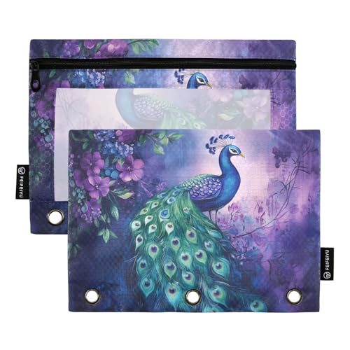 Fustylead Elegantes Federmäppchen mit Pfau auf violetter Blume, passend für Standard-3-Ring-Ordner, Reißverschluss-Bleistifttasche mit transparentem Fenster für Büro, Schule, Kosmetik, 2 Stück von Fustylead