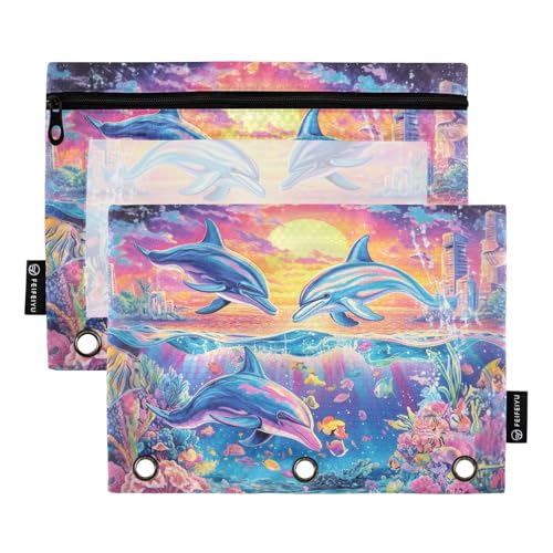 Fustylead Fantastisches Federmäppchen mit Delfin-Landschaft, mit transparentem Fenster für 3-Ringbinder, Reißverschluss-Federmäppchen, Kosmetiktasche für Schule, Büro, Kosmetik, Studenten, Zubehör, 2 von Fustylead
