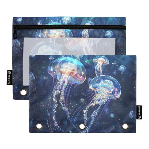 Fustylead Fantastisches Federmäppchen mit Quallen im Meer, mit transparentem Fenster für 3-Ringbinder, Reißverschluss-Federmäppchen, Kosmetiktaschen für Schule, Büro, Kosmetik, Studenten, Zubehör, 2 von Fustylead